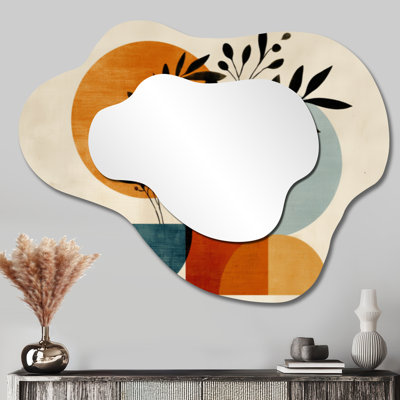 Miroir décoratif abstrait nuage - plante géométrique minimaliste bohème bleue et orange II, imprimé sur métal