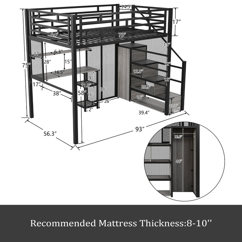 Lit mezzanine double en métal avec garde-robe, bureau, tablettes de rangement, Noir