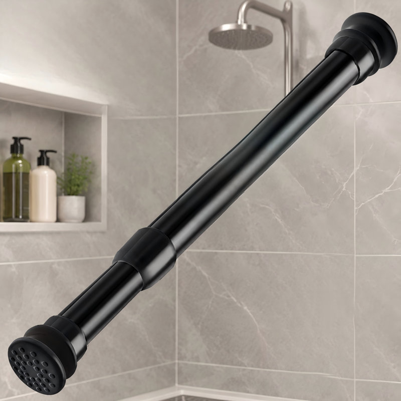 This small black shower rod spans 16-28 inch and uses a heavy-duty adjustable spring-tension structure; its anti-slip design provides secure installation for bathrooms and windows.