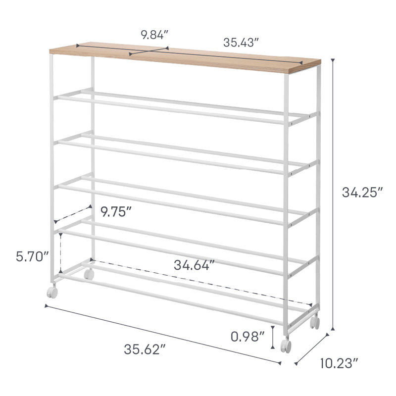 Yamazaki Home Tower Rolling Five-Tier Shoe Rack, Steel Frame With Wooden Top, Space-Saving Shoe Organizer On Wheels, 34" - Steel + Wood -