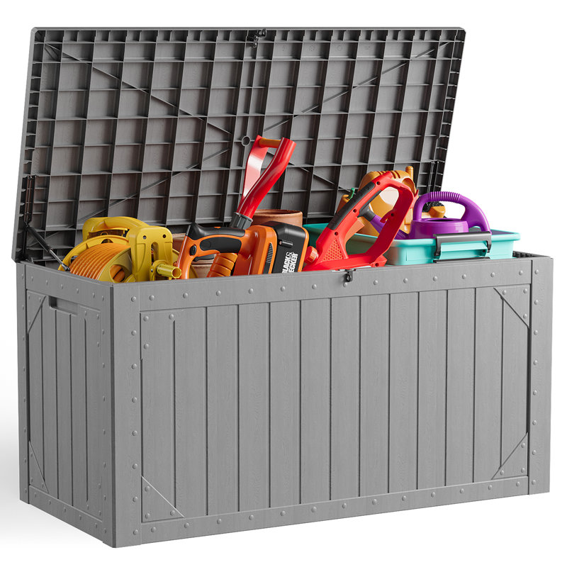 100 Gallon Resin Outdoor Storage Box, Waterproof Lockable Deck Box, All-Weather Patio Storage Container,Grey 