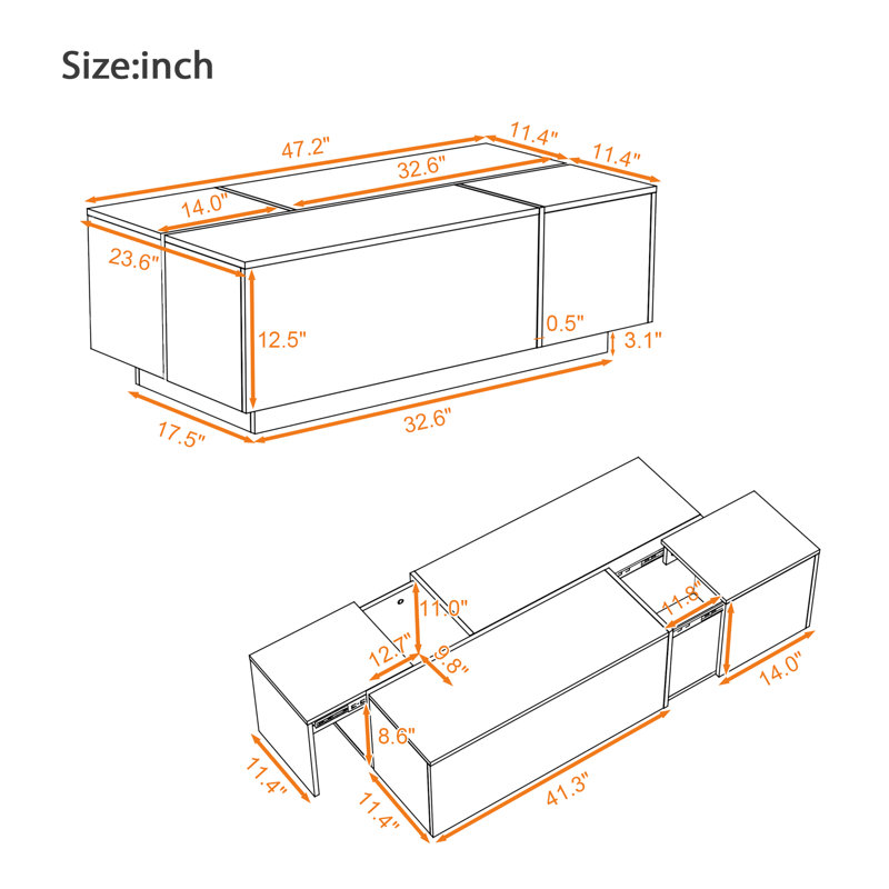 Table basse multifonctionnelle extensible à finition ultrabrillante de 47,2 po à 72,7 po pour le salon, 2 rangements et tiroirs cachés, table de construction, avec finition, compartiments idéaux