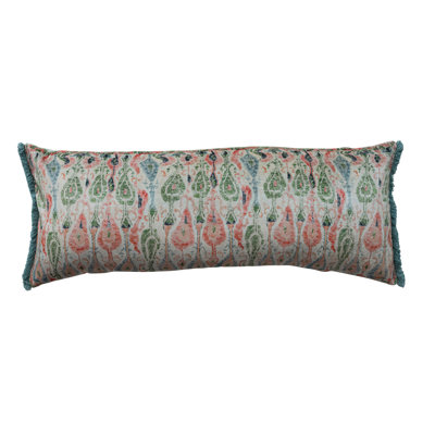 Cotton Velvet Printed Lumbar Pillow With Pattern And Eyelash Fringe