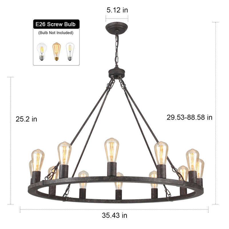 Lustre en roue de chariot à 12 lumières Hatsumi, Noir antique, H 88,58 po x l 35,43 po