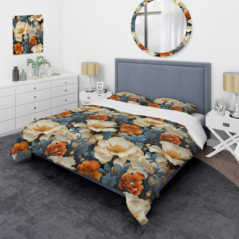 Intricate Beige Floral Harmony - Ensemble de housse de couette floral, Housse de couette pour très grand lit et 2 très