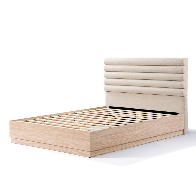 Structure de lit plateforme grand avec revêtement en taupe, bois d'ingénierie, cadre de support de matelas optimal
