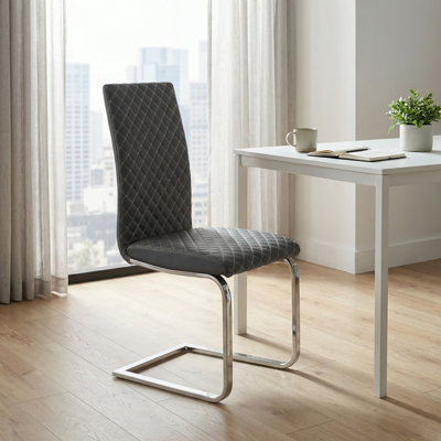 Contemporary Gray Faux Leather Dining Side Chair with Diamond Stitching & Chrome Base (Set of 2)