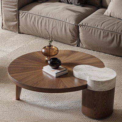 Table basse ronde en bois manufacturé rétro en noyer massif