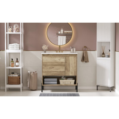 Armoire de rangement pour salle de bain avec lavabo en céramique de 30 po, système d'organisation à tiroirs, porte, tablette ouverte, structure en bois, pieds en métal, cloisons de tiroir faciles à nettoyer, armoire, lavabo massif