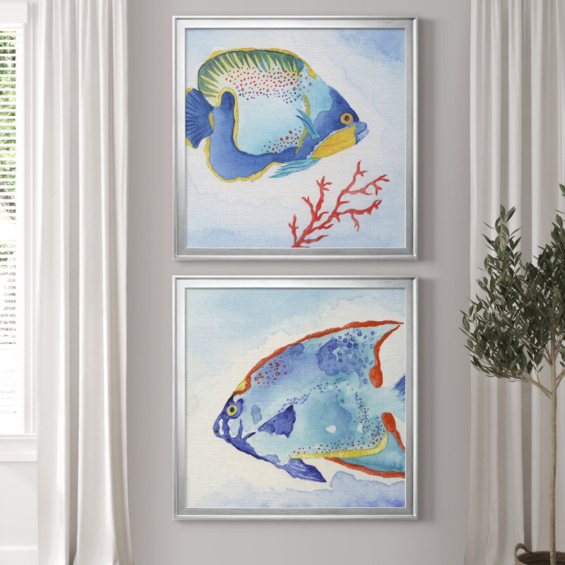 " Galapagos Fish I " 2 - Pieces, No Mat, 22.5" H x 45" W x 1.5" D, Silver Framed Canvas