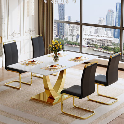 Table de salle à manger moderne pour 4 personnes, table de salle à manger à piédestal rectangulaire avec chaises