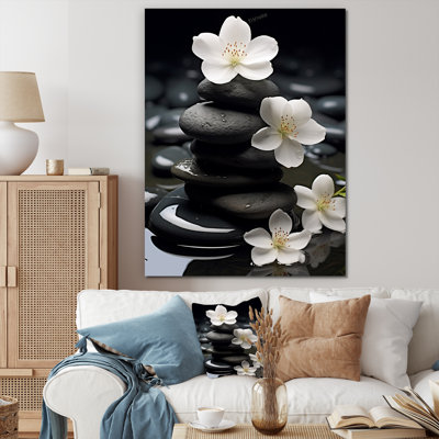 Zen Serenity White Flowers Black Stone Cairn