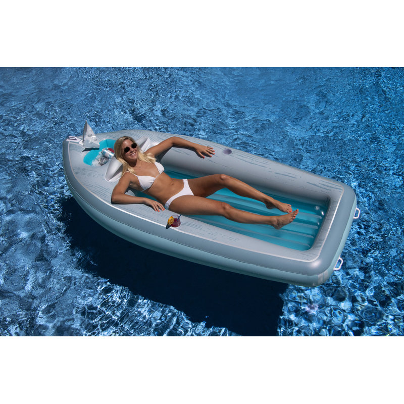 105-Inch Inflatable Gray And Blue Classic Boat Cruiser With Cooler Pool Float