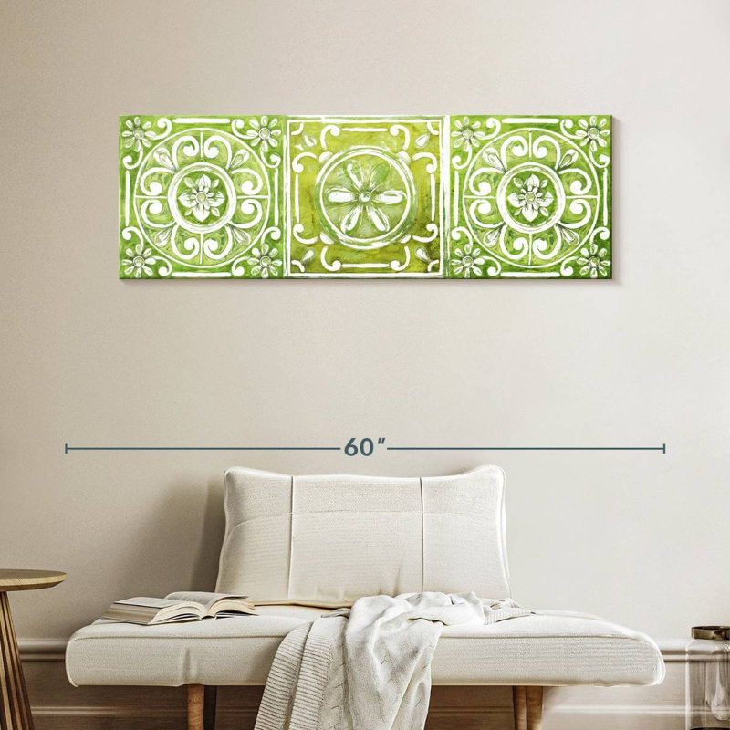 Carreaux ornementaux verts sur toile, H 16 po x l 48 po x P 1,25 po