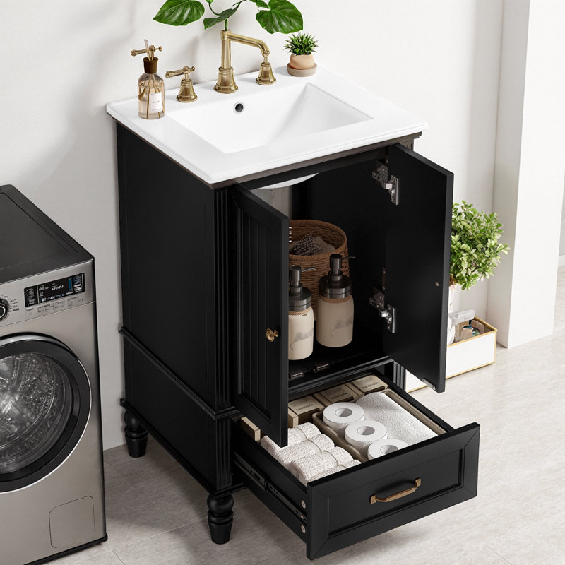 Meuble-lavabo noir 20 po avec lavabo et rangement en céramique, Noir et or