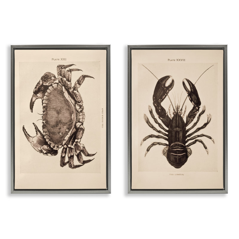 Ensemble de 2 toiles flottantes rétro encadrées dorées crabe et homard, design par Deborah Revell, H 25 po x l 17 po