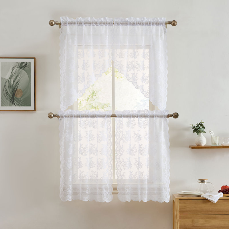 Stefani Floral Rod Pocket Lace Semi Sheer Voile Short Valance for Small Windows, Kitchen & Bathroom - 54 x 18 Inch Length