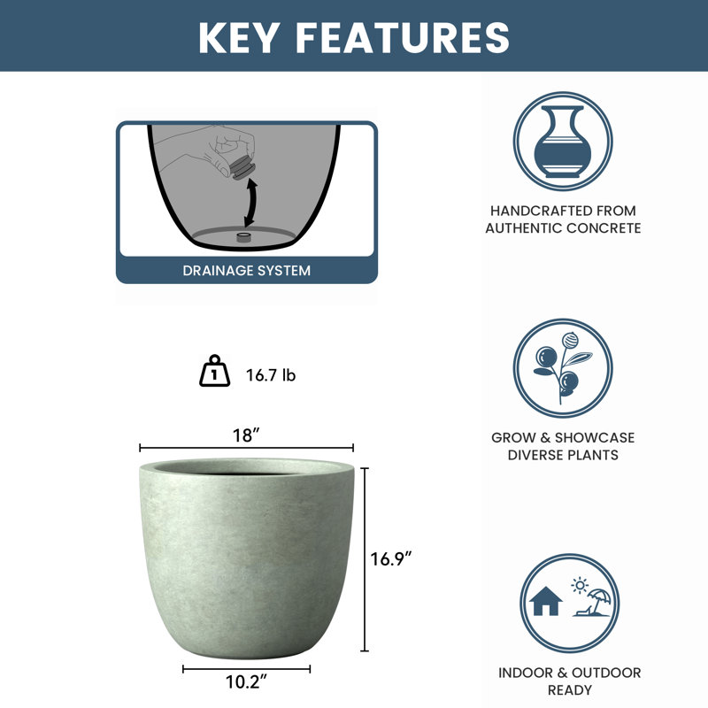 Concrete Round Planter / Pot With Drainage Holes, 17.72" H x 17.72" W x 16.93" D, Sage Gray