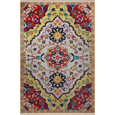 Yellow Beige Themed Traditional Motif Ethnic Patterned Fringed Vintage Decorative Carpet