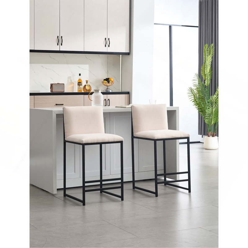 Ensemble de 2 tabourets de bar à hauteur de comptoir, chaises de bar rembourrées en lin, repose-pieds et structure en métal pour la cuisine, la salle à manger