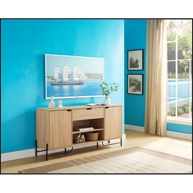 Light Brown Oak Buffet with Black Metal Legs and Shelves