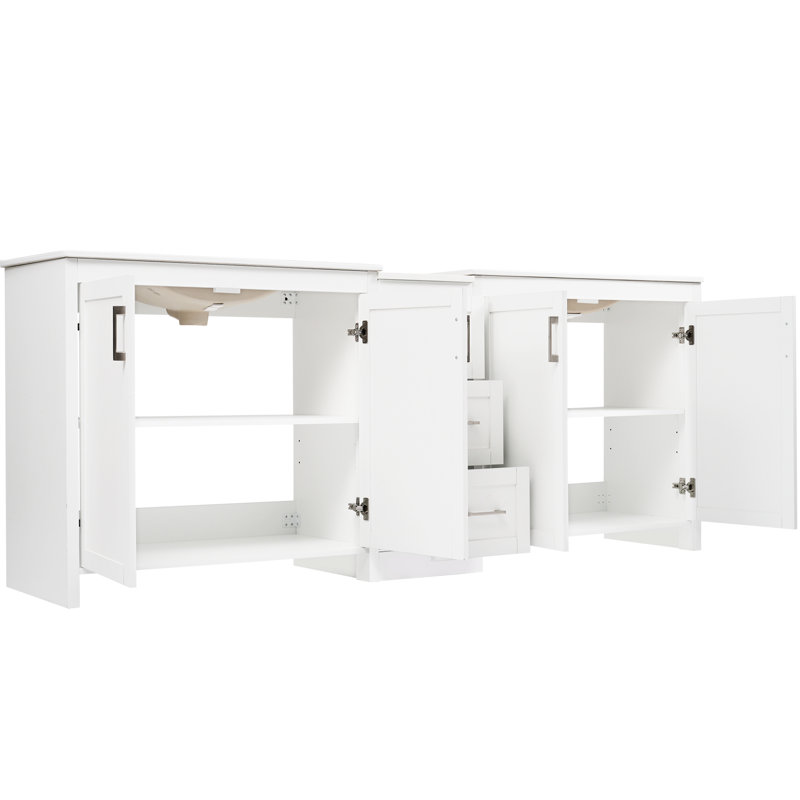 Meuble-lavabo double blanc de 84 pouces avec 2 lavabos en céramique, comptoir en quartz, rangement personnalisable, 3 tiroirs et poignées en métal argenté pour un décor de salle de bain moderne en pouces, tablettes réglables, tiroirs,