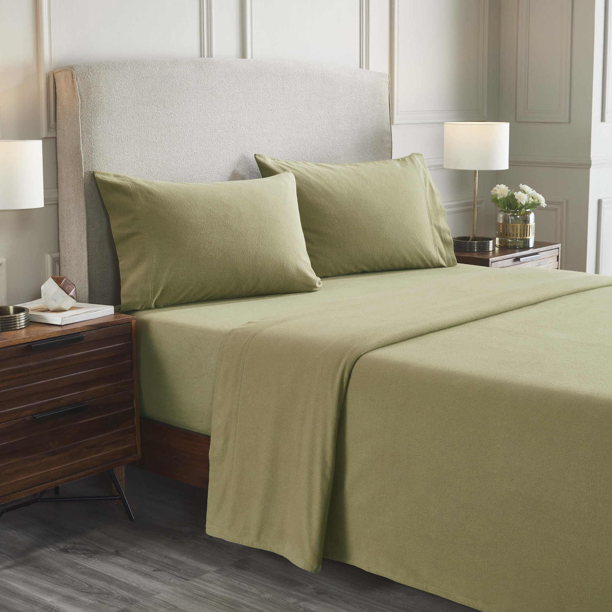 Rome 100% Flannel Cotton Solid Fuzzy Warm Deep Pocket Sheet Set, California King Sheet Set with 2 Pillowcases, Sage
