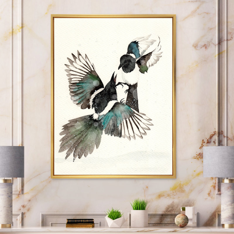 «Deux magpies noirs et turquoise dansant», reproduction sur toile, H 44 po x l 34 po, Toile à cadre flottant doré