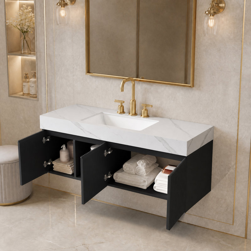 Ensemble de meuble-lavabo mural 48 po avec comptoir en pierre frittée et lavabo en céramique, Noir