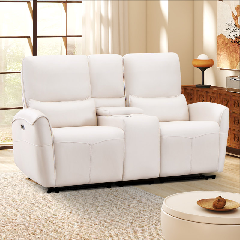 Causeuse inclinable électrique de 70,8 po de largeur avec console et ports USB, White