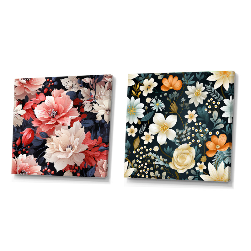 Hann - Ensemble de 2 collages carrés floraux, H 36 po x l 73 po, Toile tendue