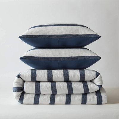3 -Dyed Striped Comforter For Full/Queen Bed, Soft Crinkled Look, All Fill, Brushed Microfiber Reverse, , Blue Contemporary Coastal Aesthetic,