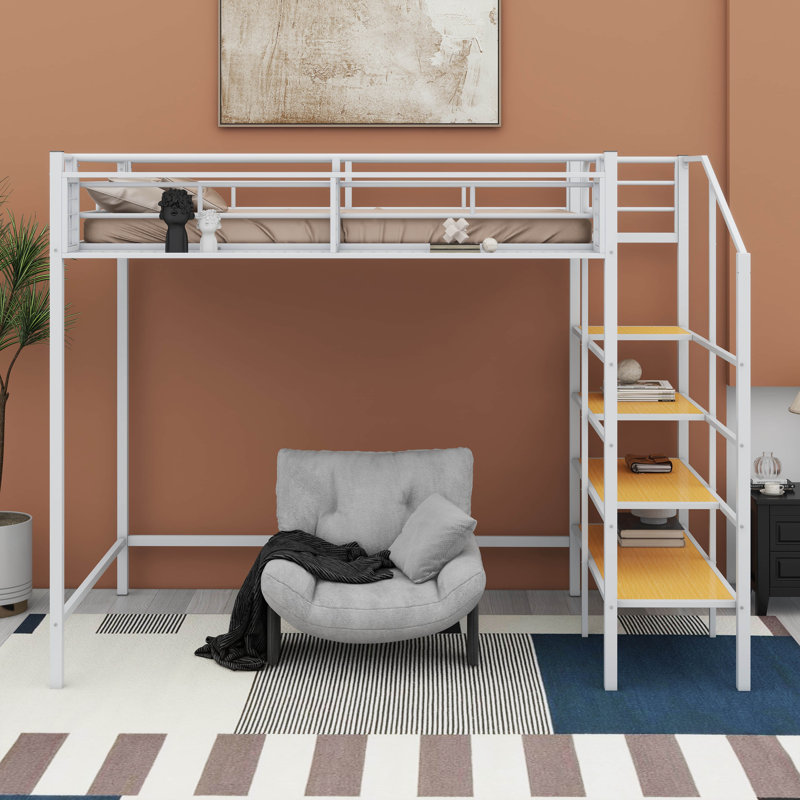 Lit mezzanine simple en métal avec échelle de rangement Designs, Blanc