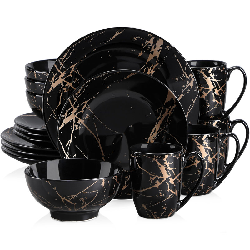 Black and Gold Splash Porcelain 16-Piece Dinnerware Set