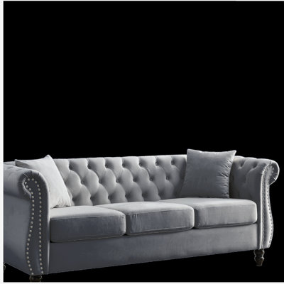 80" Chesterfield Sofa Grey Velvet for Living Room, 3 Seater Sofa Tufted Couch with Rolled Arms and Nailhead