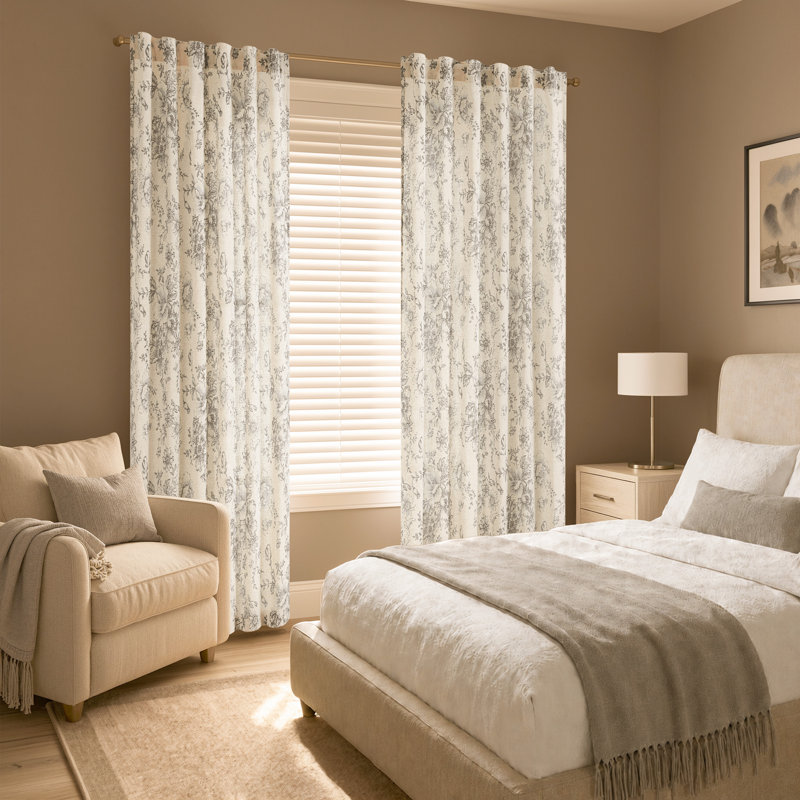 Paire de rideaux semi-transparents à motif floral pivoine Neacsa, Gris, L 50 po x L 84 po