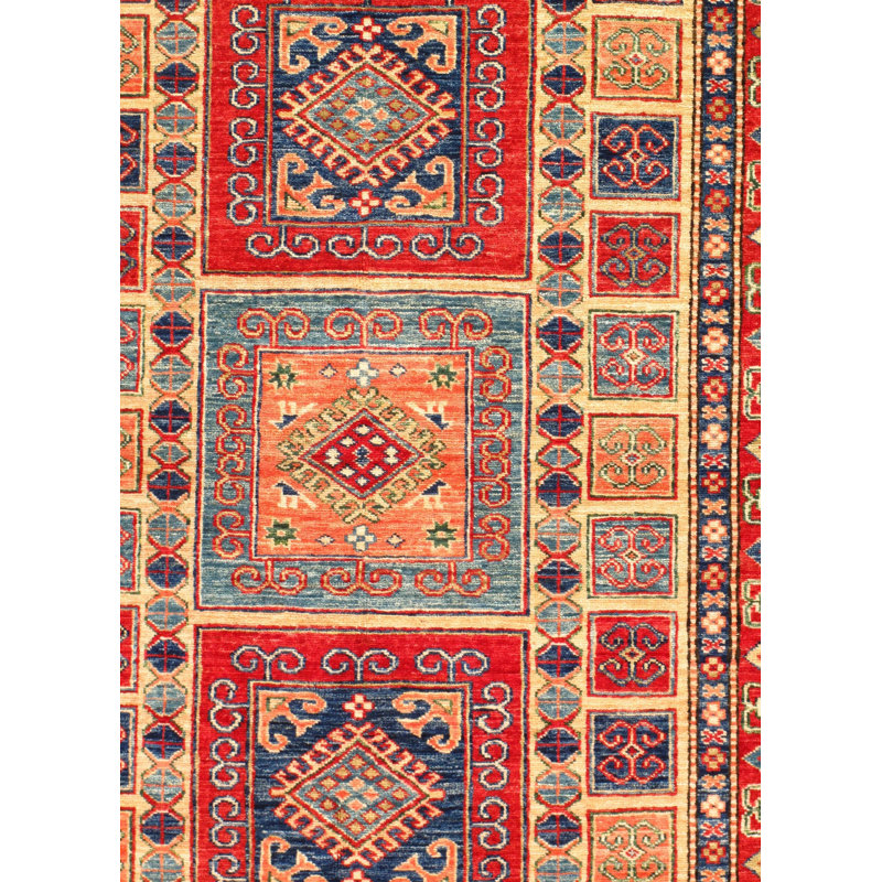 Tapis rouge / bleu en coton / laine oriental noué à la main 4 pi x 6 pi 2 po Oriental