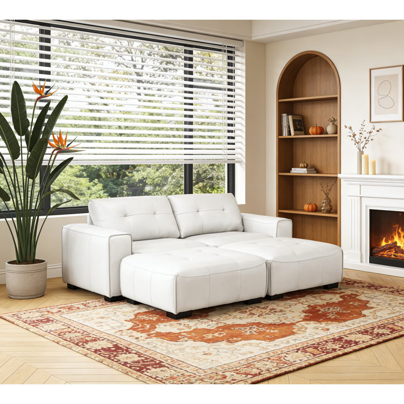 Bendire 85" Sold Wood Leather Sofa With Ottoman (Wheels), White