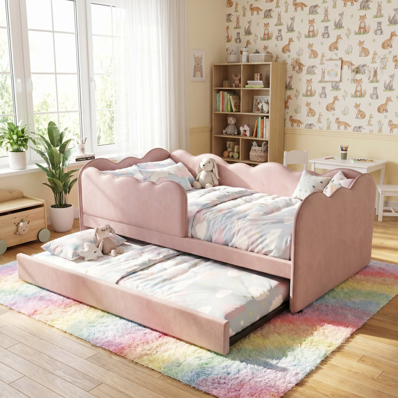 Upholstered Daybed with Trundle, Pink