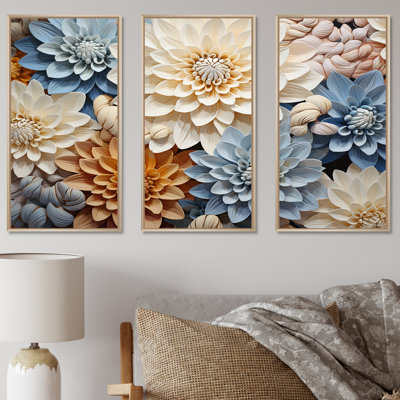 Simplicity Mums Bloom In Beige And Muted Blue - Mums Canvas Art Set