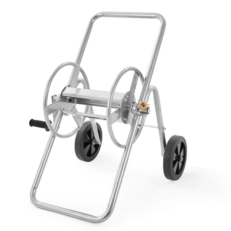 Heavy Duty Silver Steel Manual Crank Hose Reel Cart with Wheels