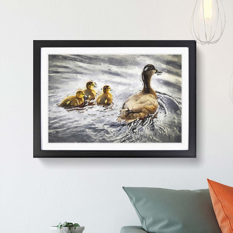 Ducklings with Mother Duck - Picture Frame Graphic Art Print, Black Framed, 27cm H x 36cm W x 2cm D