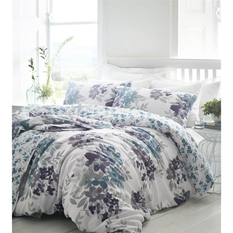 Raya Floral 100% Cotton 200 Thread Count Reversible Duvet Cover Set, Super King Duvet Cover + 2 Standard Pillowcases, Teal