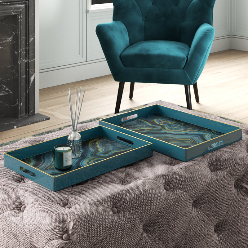 Ensemble de 2 plateaux en plastique bleus avec motifs marbrés dorés, plateaux gigognes décoratifs pour le service, Bleu