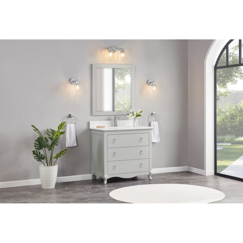 Meuble-lavabo en bois massif 36 po avec comptoir en marbre d'ingénierie 1 po, lavabo simple, Argent argent