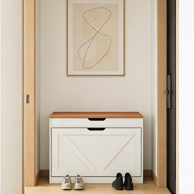 27.5"W Shoe Storage Bench with Cushion, Flip-Top Storage, Entryway White Shoe Rack