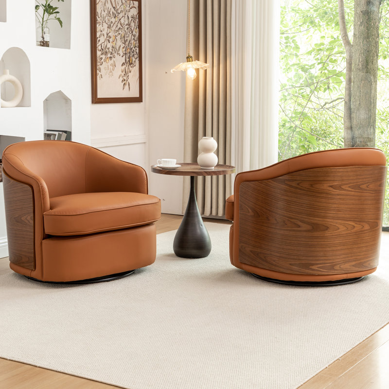 Faux Leather Swivel Barrel Chair, Yellow Brown