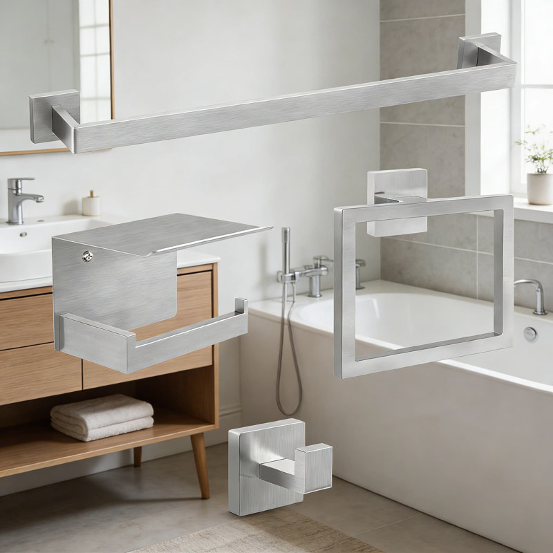 10-Piece Bathroom Hardware Set In Brushed Nickel, Includes 24-Inch Towel Bar, Towel Ring, Toilet Paper Holder With Shelf, And Hooks, Stainless Steel Wall-Mounted Bathroom Accessories