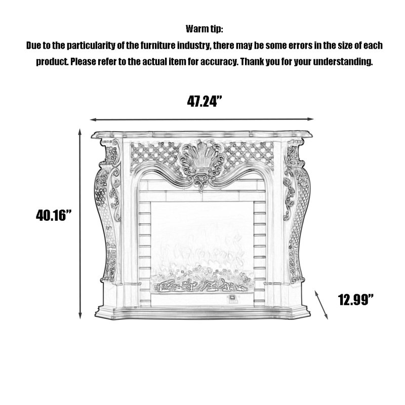 European-style luxury carved fireplace with solid wood, Brown, 40.16" H x 47.24" W x 12.99" D