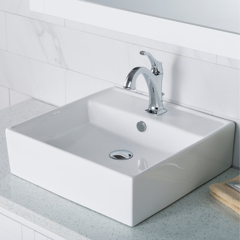 Lavabo de salle de bain vasque carré en céramique avec robinet et trop-plein Elavo, Chrome
